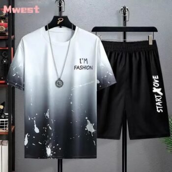 Men's Summer Casual Sportswear Ice Silk Loose Short Sleeve T-Shirt Seven-Quarter Shorts Two-Piece Set Youth Fashion