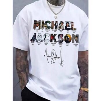 Michael Jackson Discography T-Shirt, White Cotton Crew Neck, Career Album Covers & Signature Graphic Tee for Fans