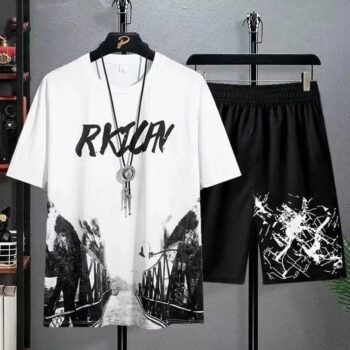 Men's Casual Sport Suit Summer Ice Silk Printed Thin T-shirt Sweatpants Outdoor Jogging Basketball Training Fitness 2 Piece Suit