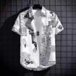 2026 Summer New Men's Fashion Newspaper Print Short-Sleeve Shirt, Trendy Casual Lapel Top, Hawaiian Beach Shirt, XS-6XL