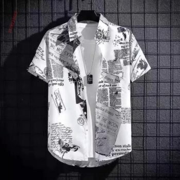 2026 Summer New Men's Fashion Newspaper Print Short-Sleeve Shirt, Trendy Casual Lapel Top, Hawaiian Beach Shirt, XS-6XL